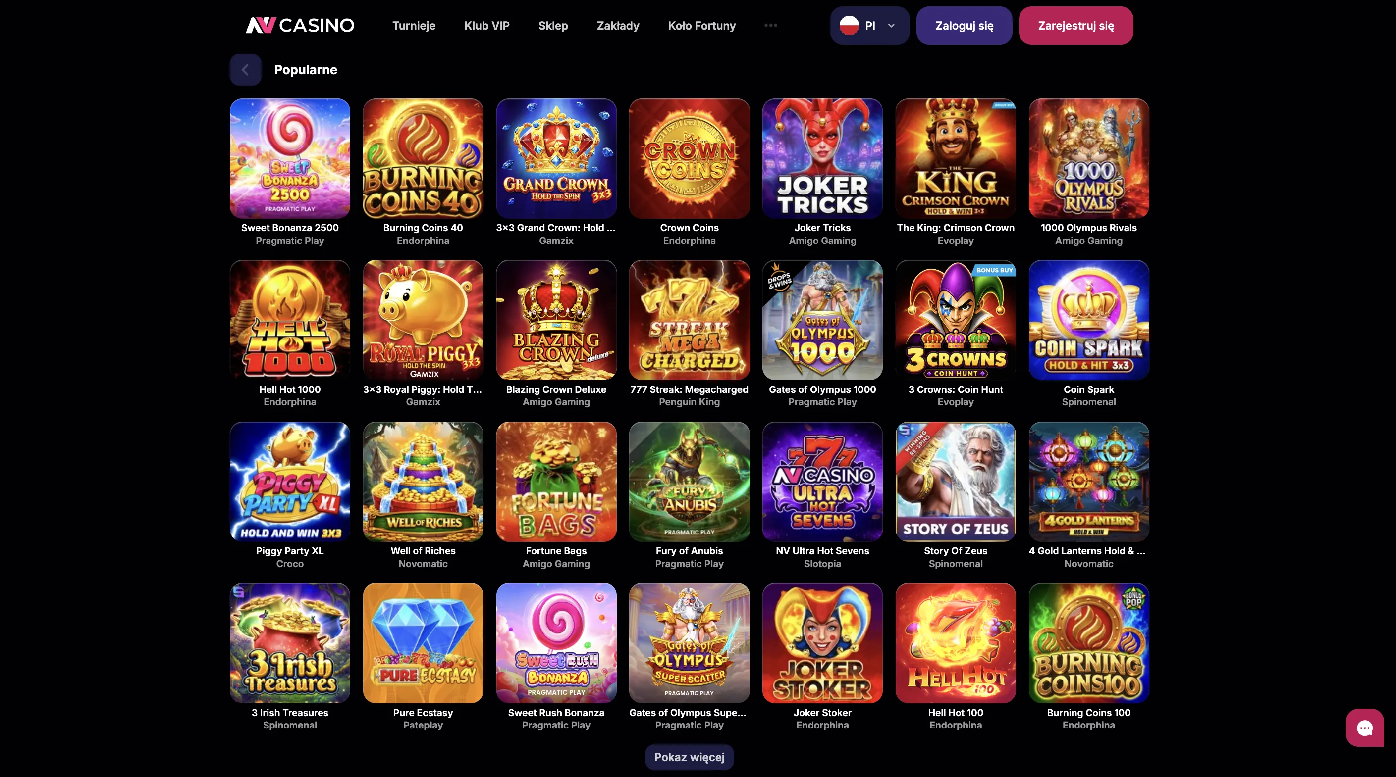 Katalog gier w NV Casino app